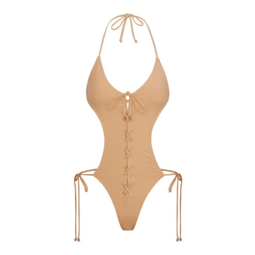 NWT SKIMS Signature Swim Lace Up Monokini in Ochre